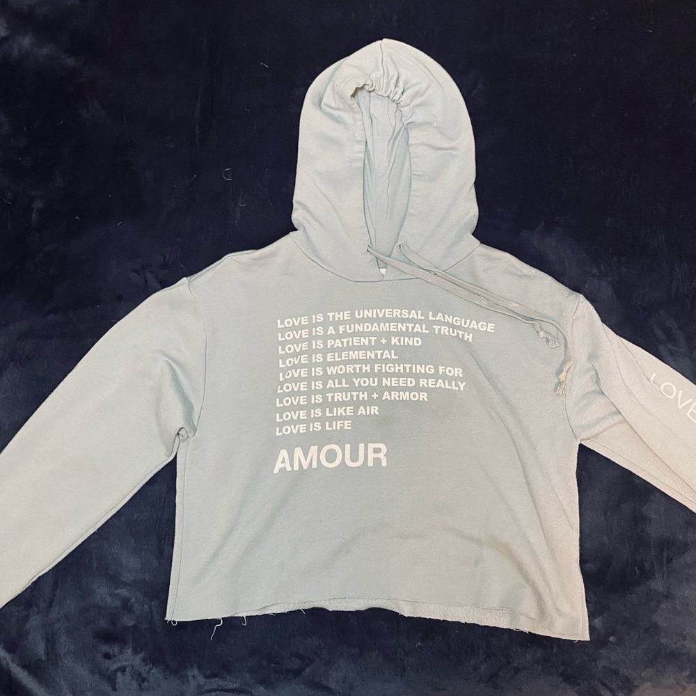 Soft light blue cropped hoodie.